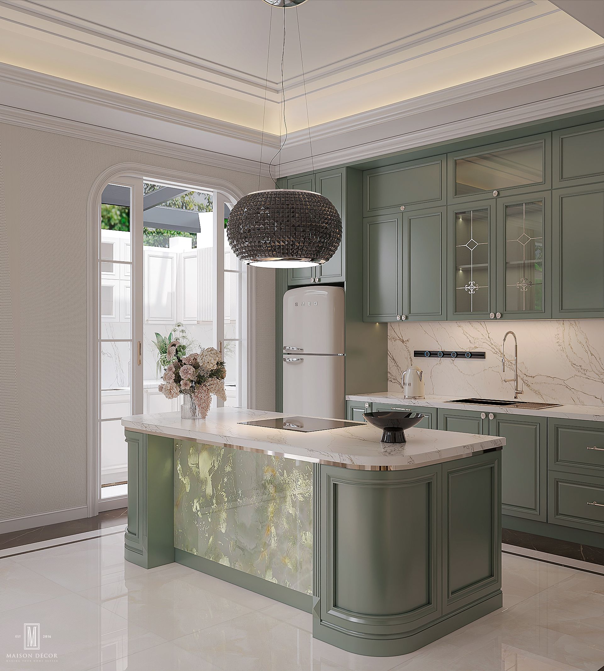 Bàn đảo ốp đá ngọc xuyên sáng Mặt bàn ốp đá ngọc xuyên sáng kết hợp máy hút mùi dạng đèn