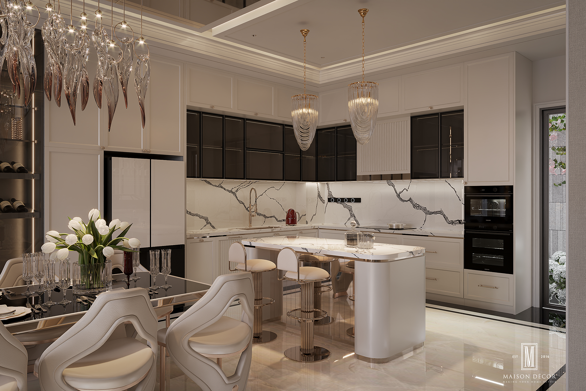 Đảo bếp quầy bar bo góc mềm mại Đảo bếp hiện đại kết hợp ghế bar kim loại mạ vàng
