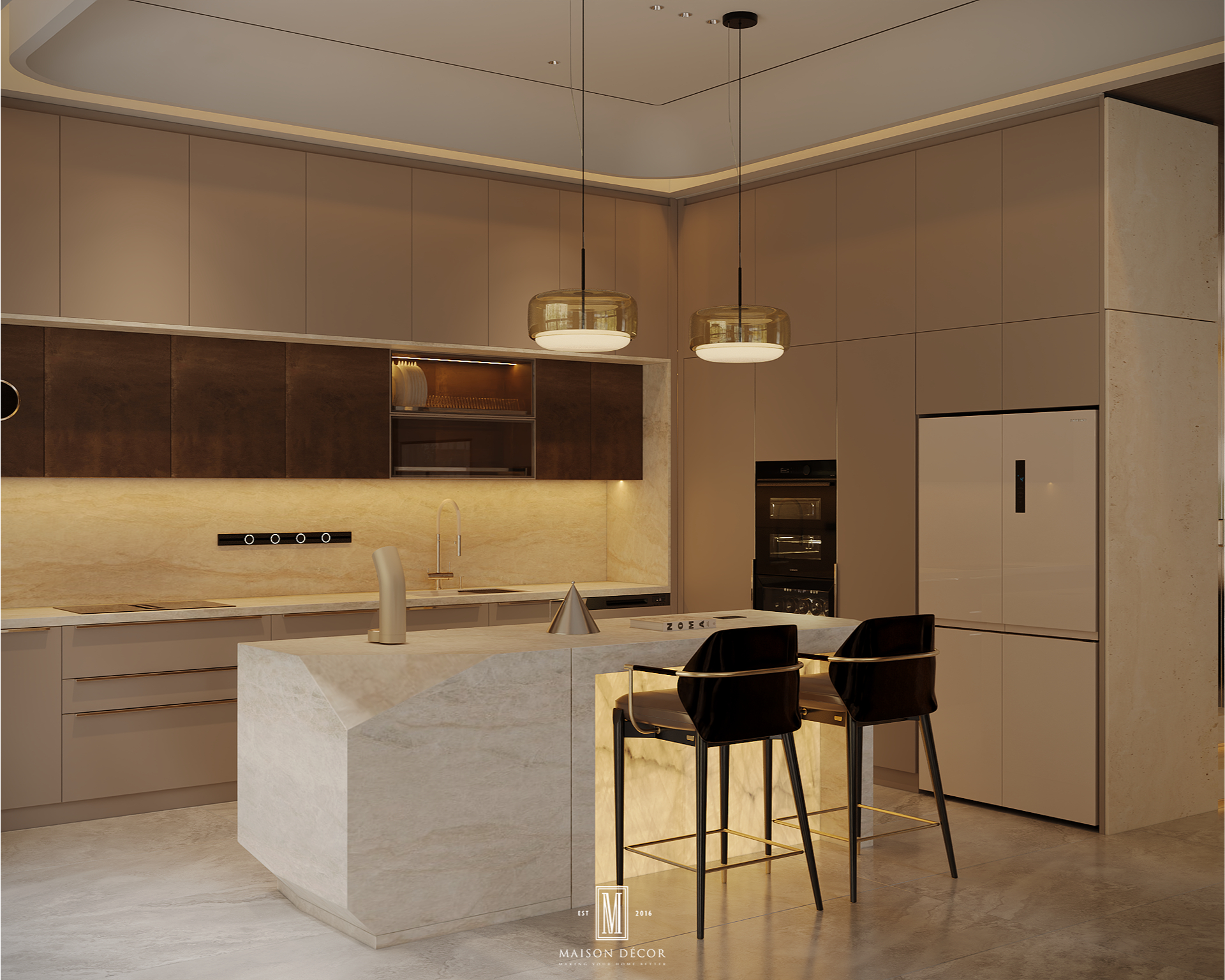 Thiết kế đảo bếp kết hợp quầy bar sang trọng Mẫu đảo bếp kết hợp bar vát cạnh bọc đá tự nhiên