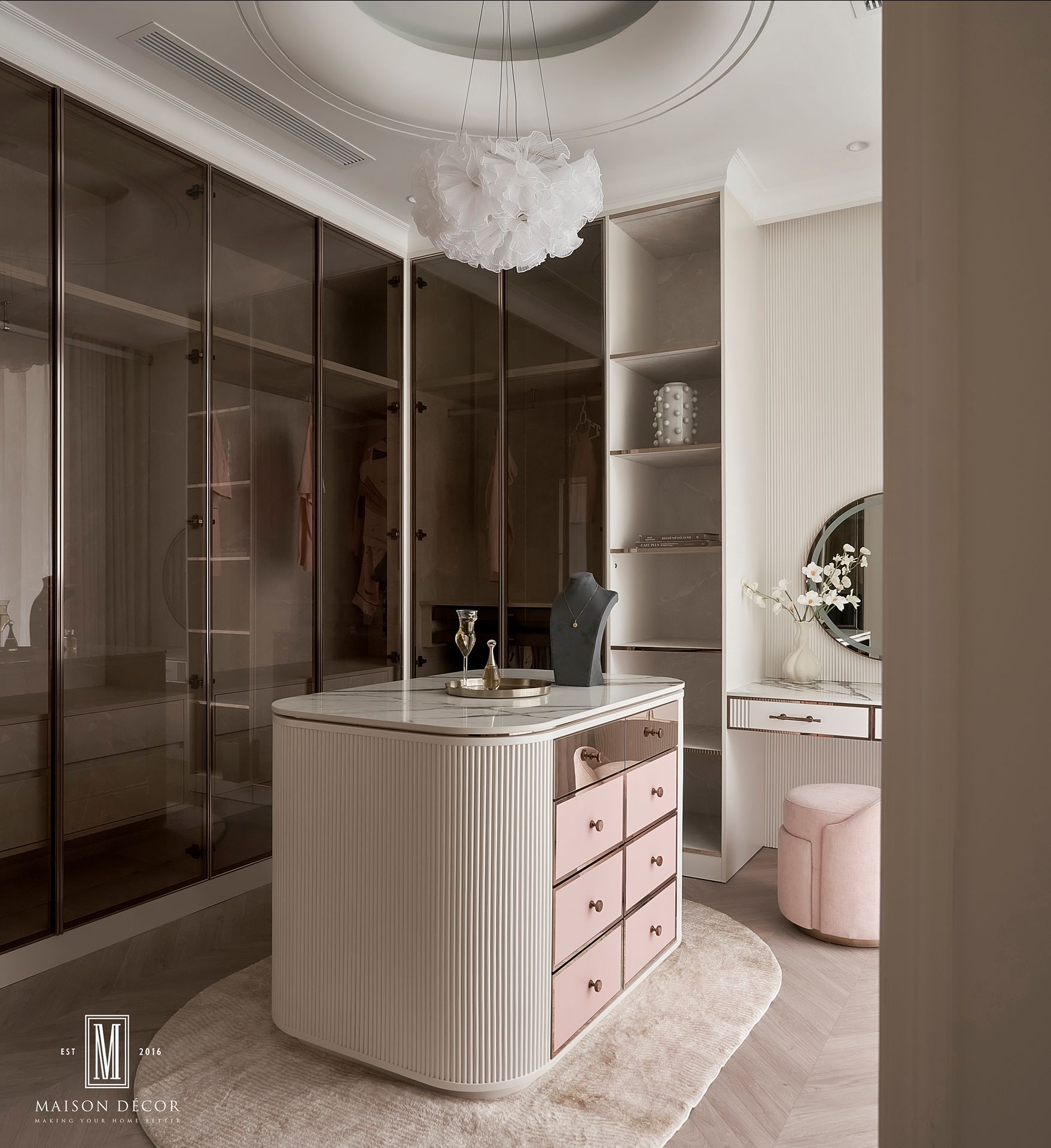 Đảo lưu trữ kết hợp ngăn kéo màu pastel nữ tính Góc lưu trữ đồng hồ và nữ trang lót nhung tinh tế