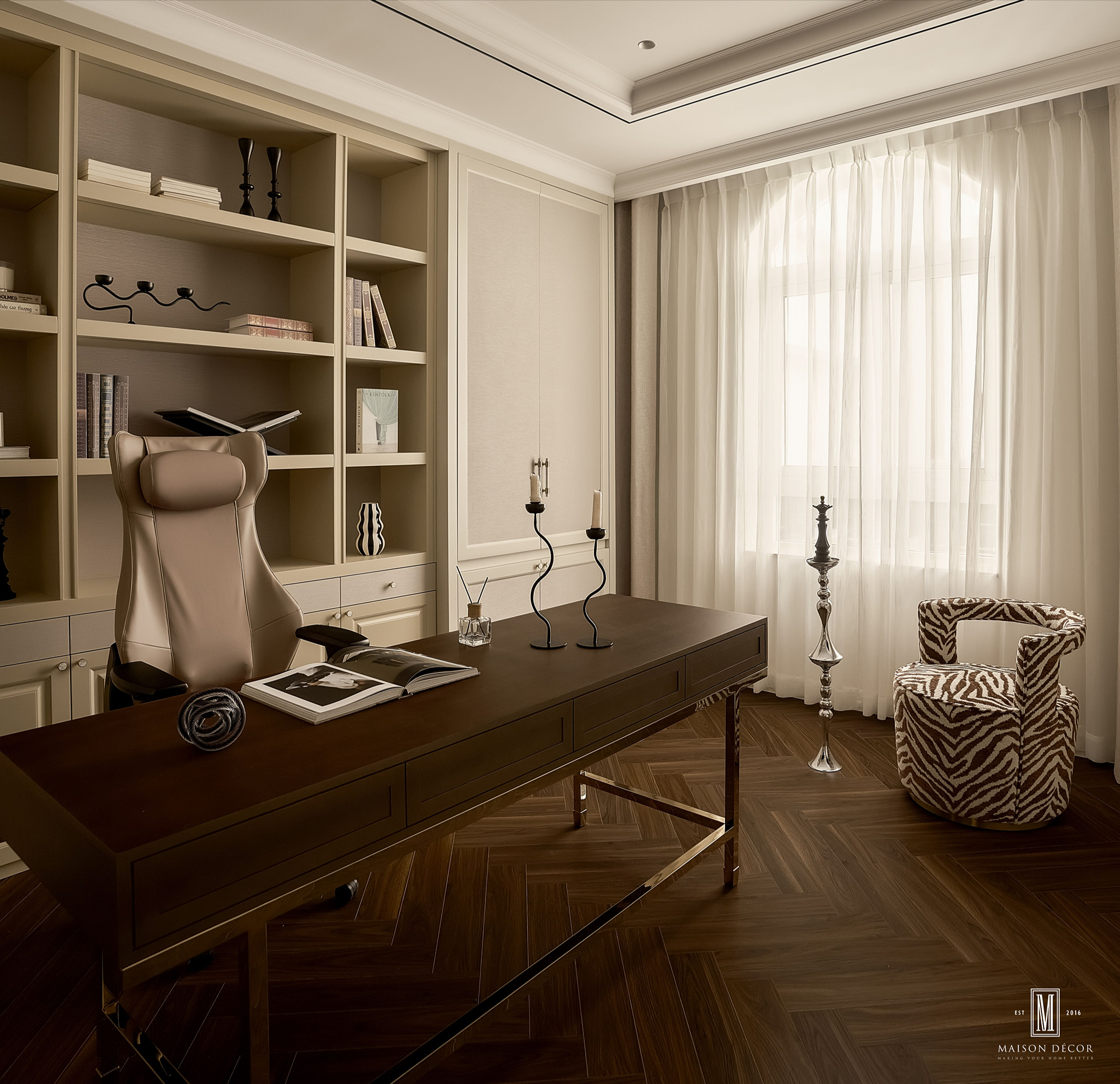 Ghế da cao cấp và hệ tủ sách decor tân cổ điển