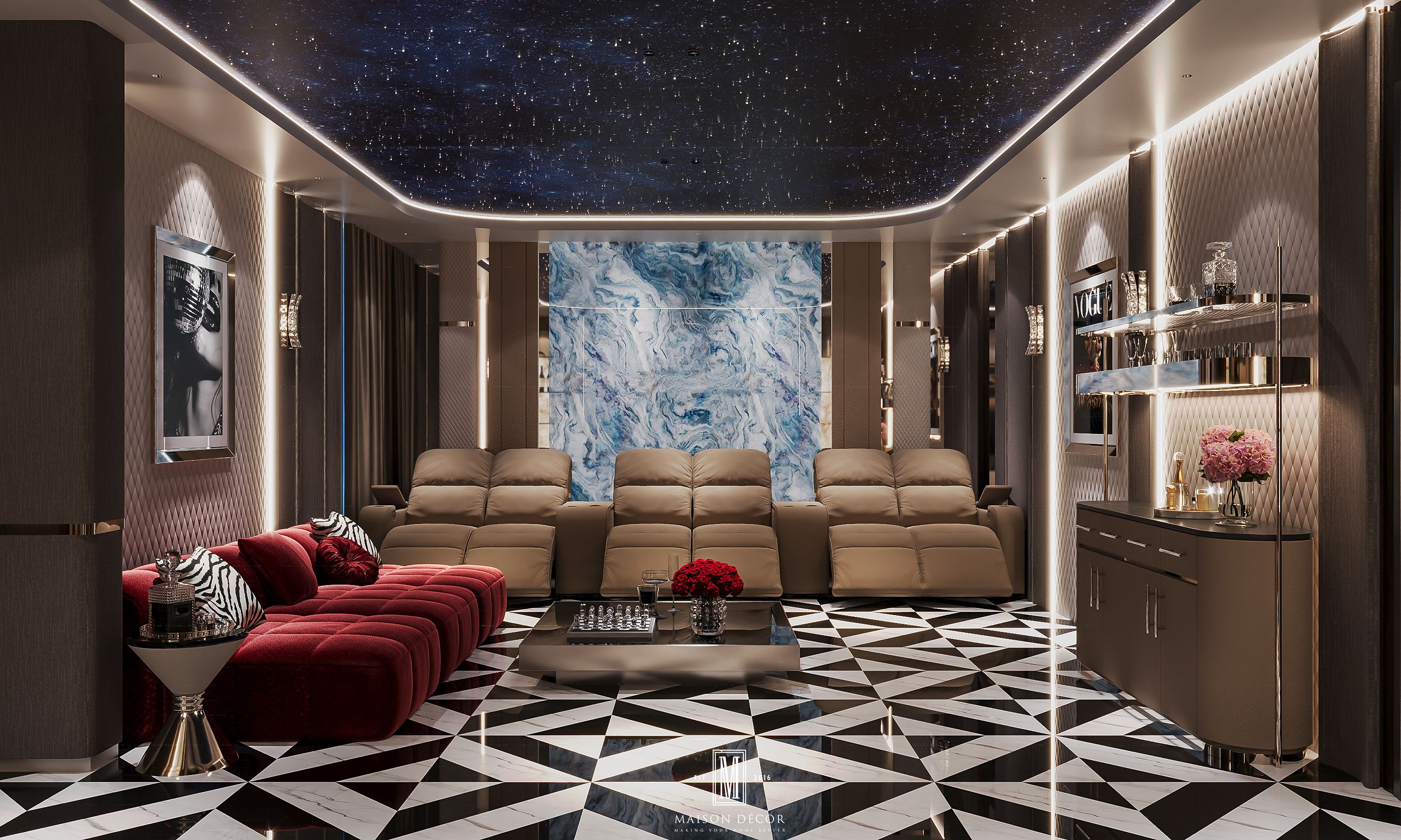 Không gian phòng giải trí với trần ngàn sao và sofa nhung đỏ