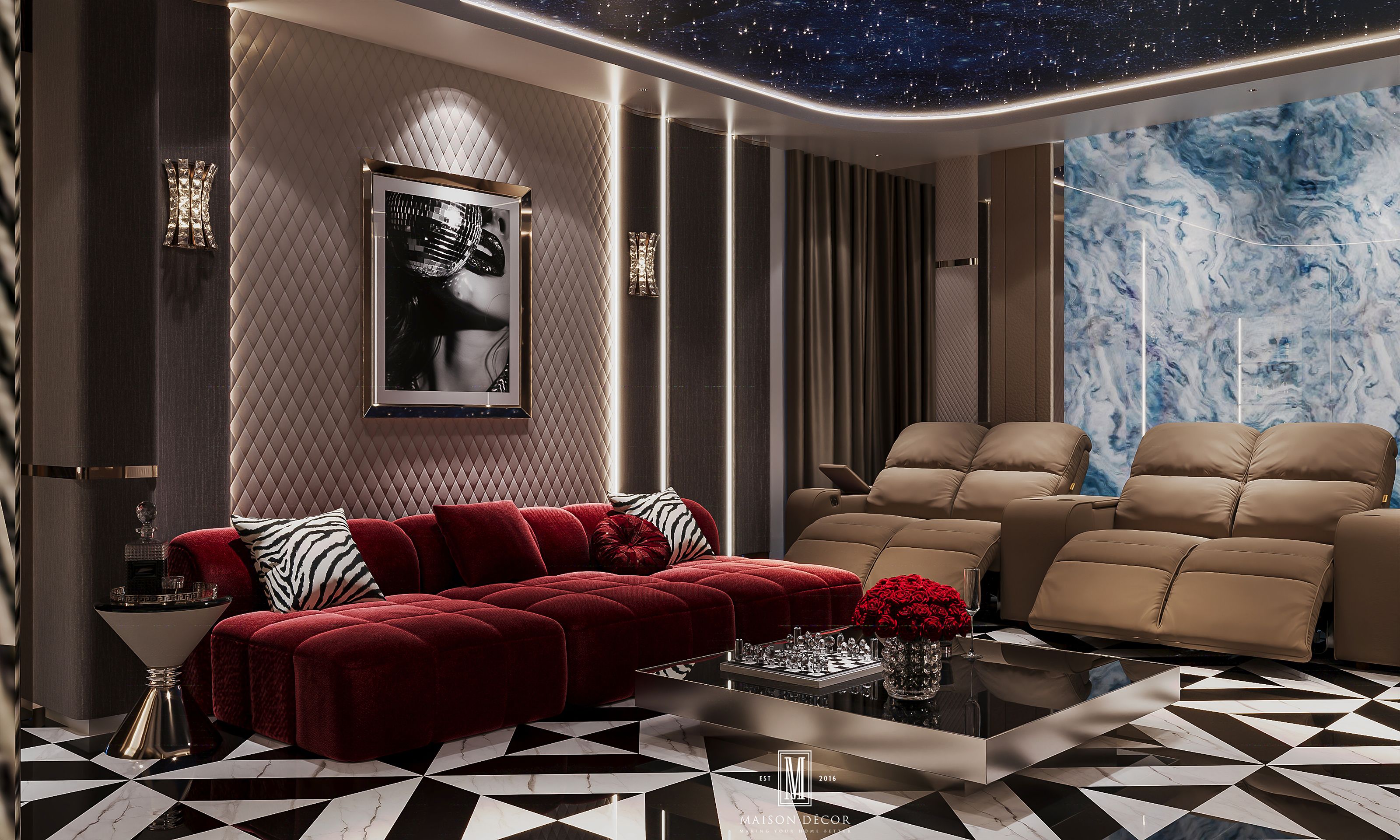 Góc sofa lounge bọc nhung đỏ cạnh dãy ghế xem phim
