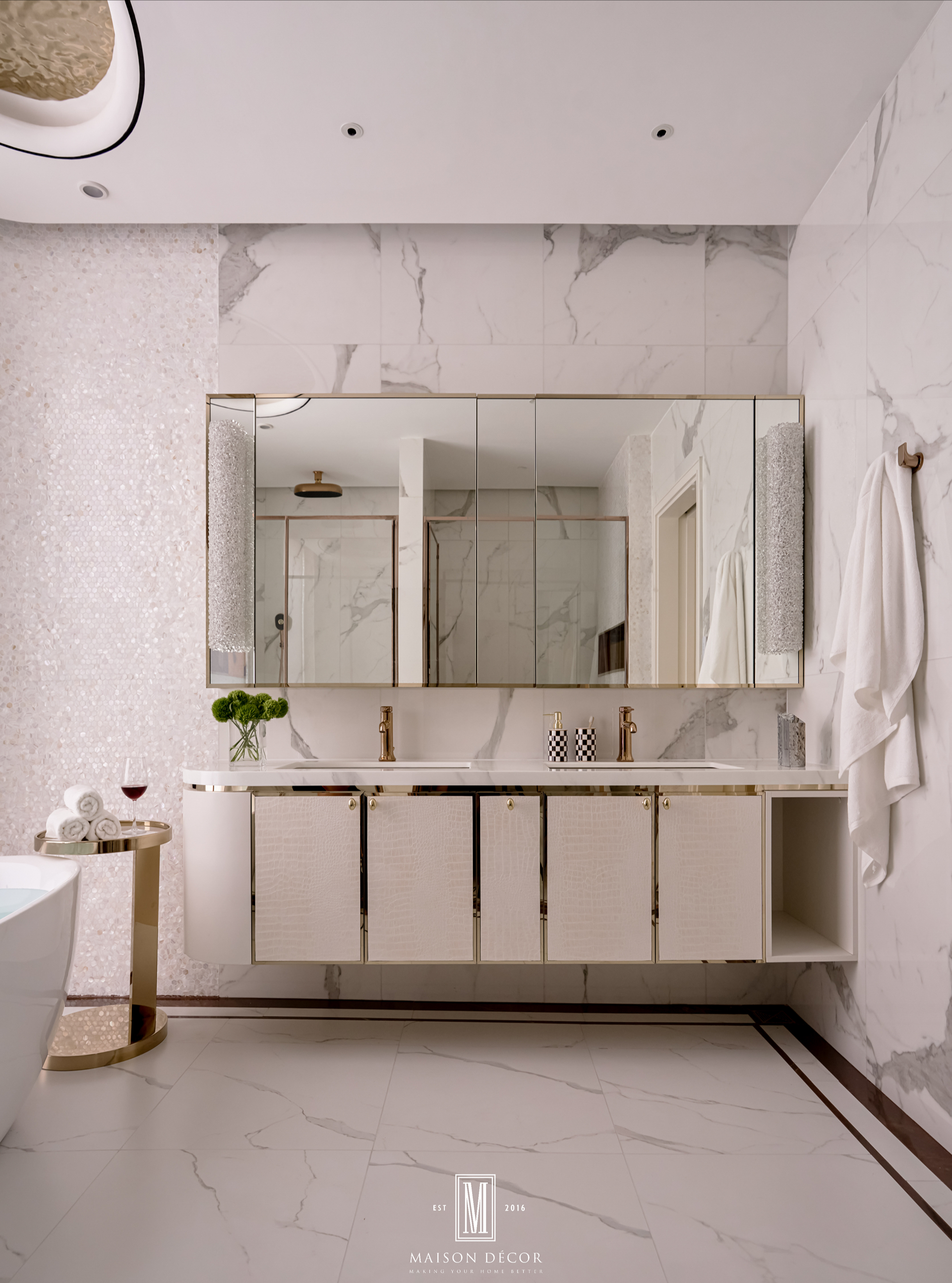Hệ tủ lavabo đôi mạ vàng PVD phòng tắm master